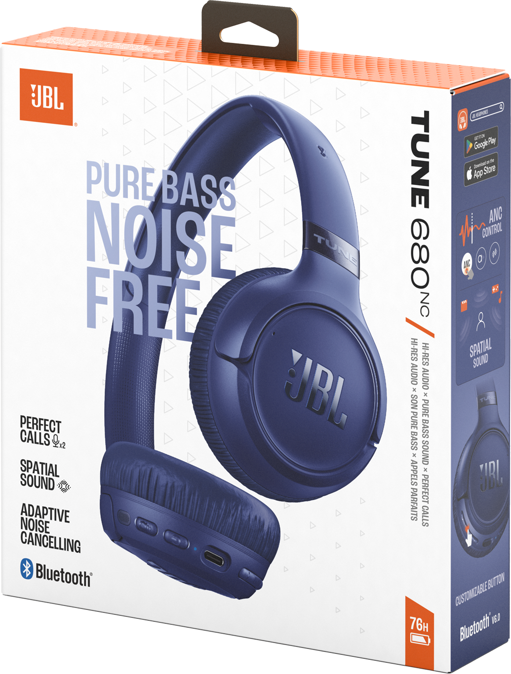 Sötétkék JBL Tune 680NC fejhallgató dobozon funkciókkal.