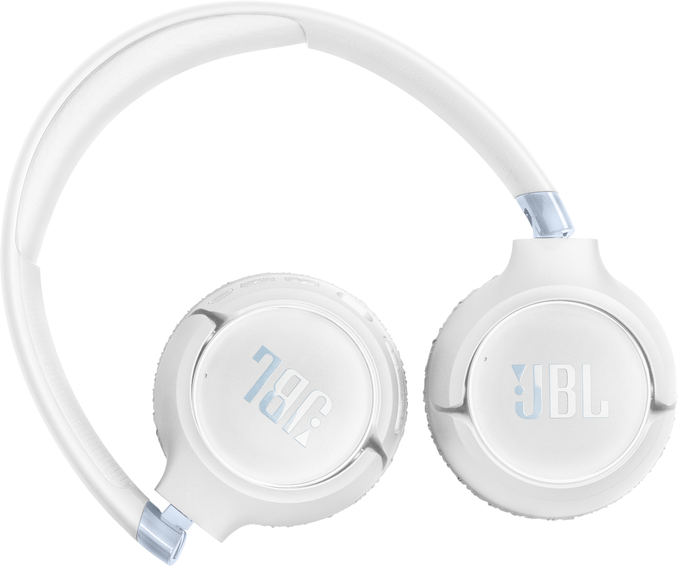Fehér JBL fejhallgató kék logóval, fekete háttéren.
