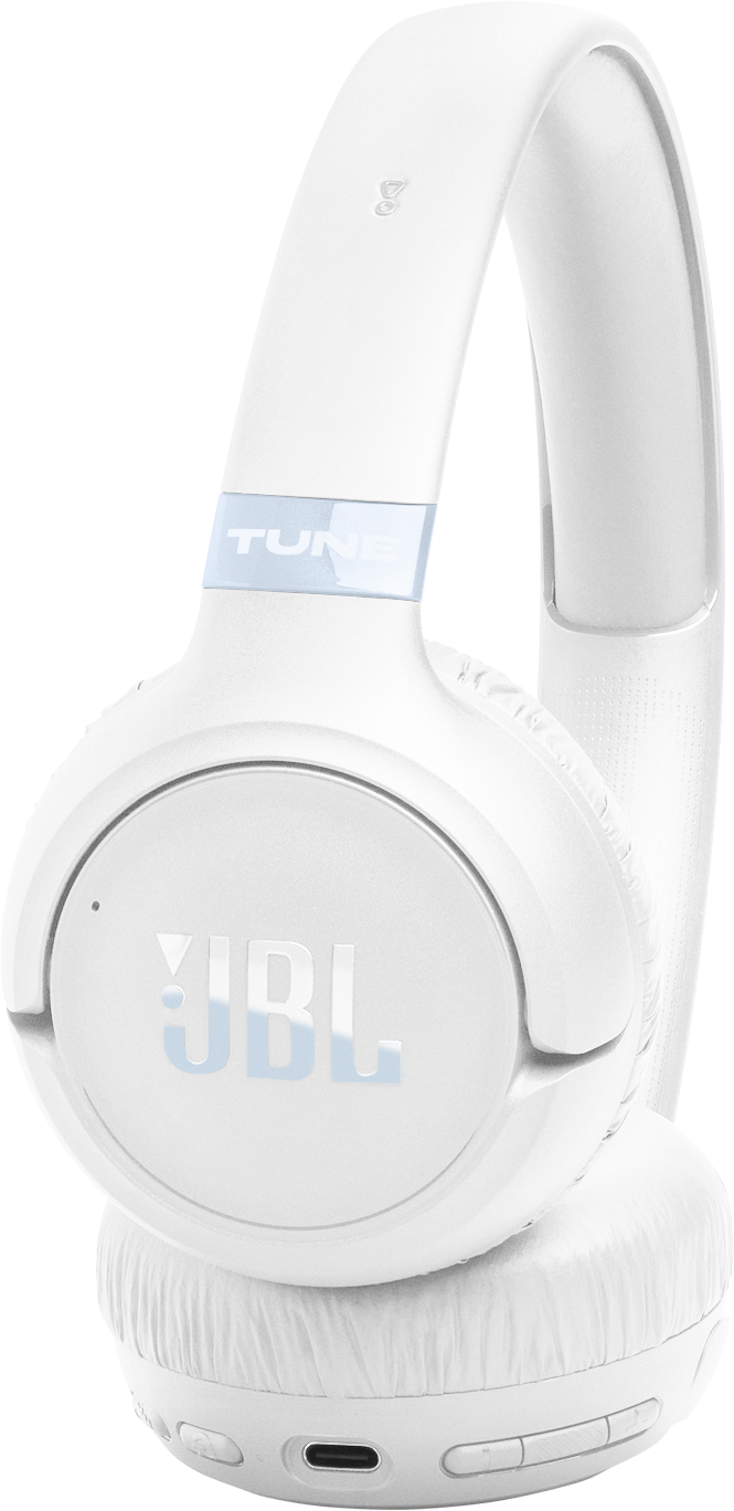 Fehér JBL fejhallgató kék JBL logóval és Tune felirattal.