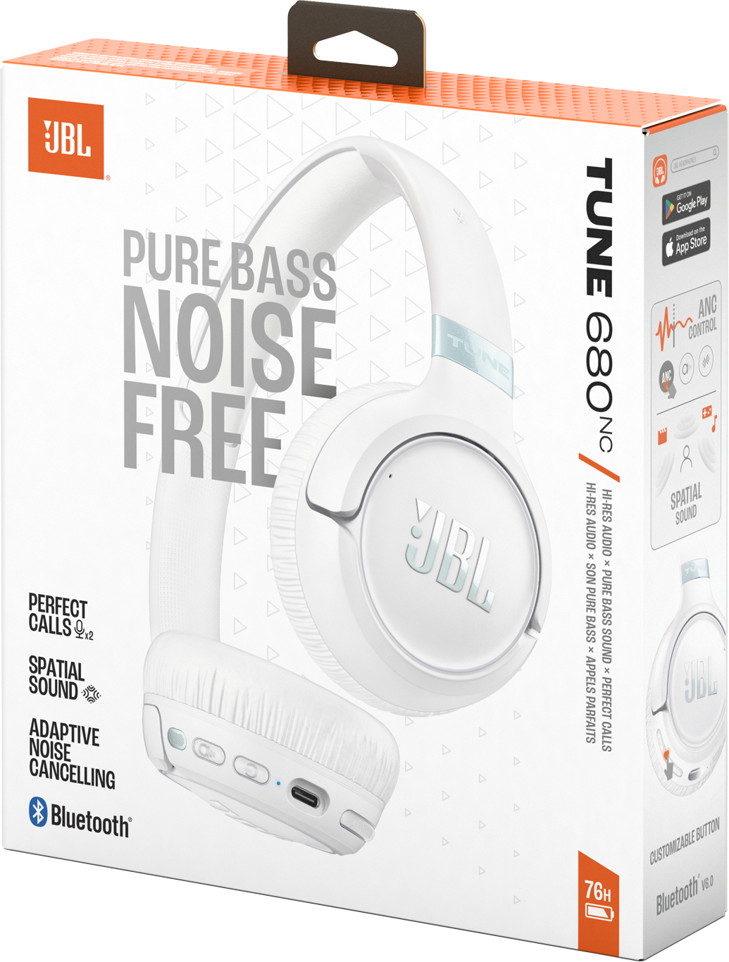 Fehér JBL Tune 680NC fejhallgató zajszűréssel és Bluetooth-szal a dobozon.