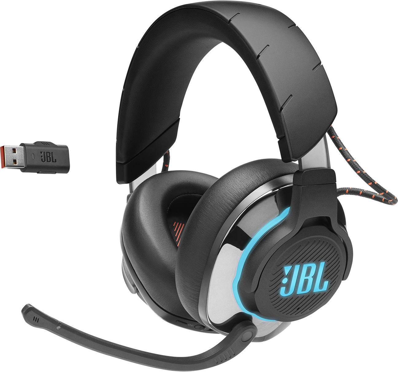 Fekete JBL gamer fejhallgató mikrofonnal és USB-dongle-lal.