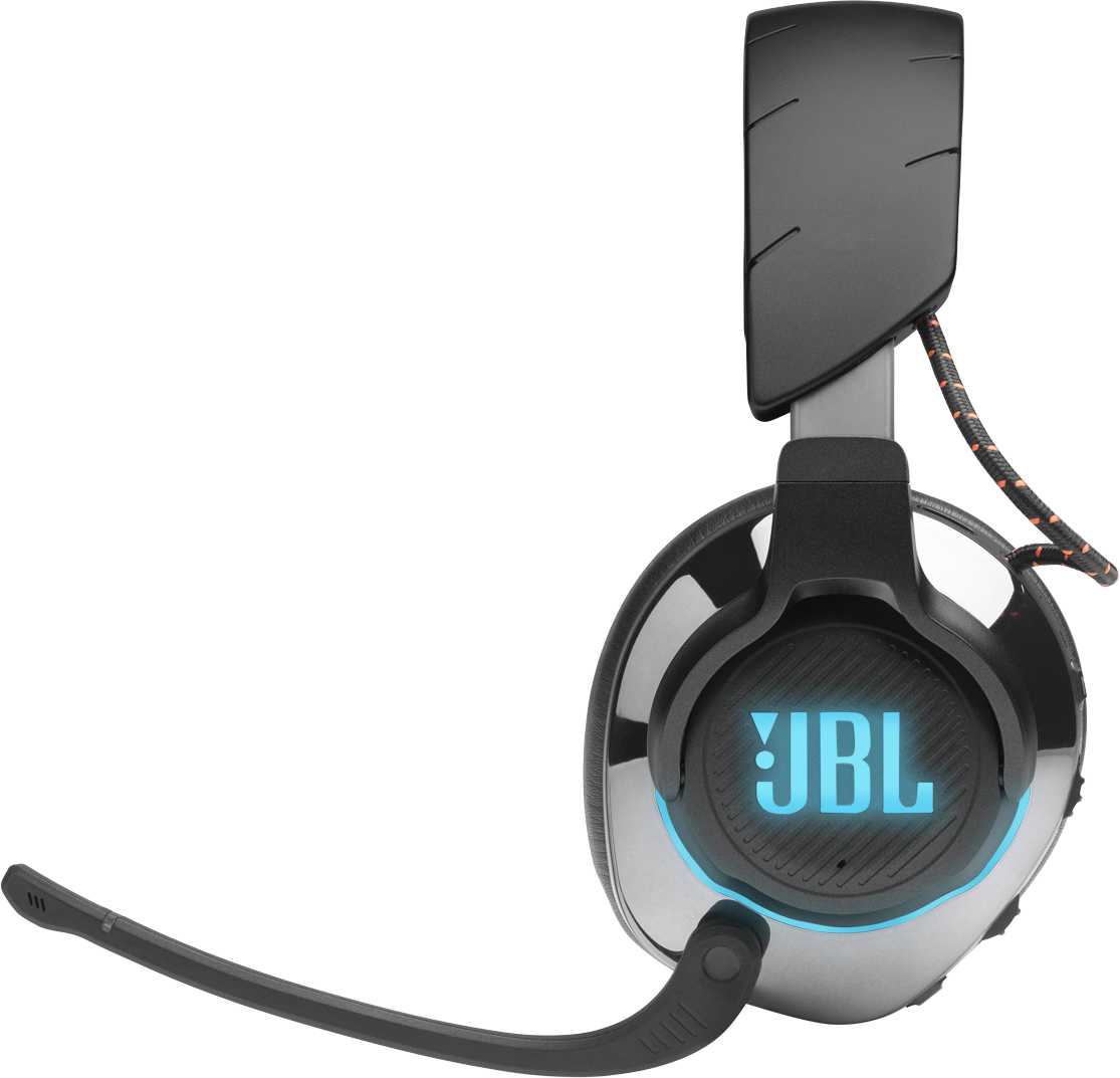 Fekete JBL gamer fejhallgató mikrofonnal és kék világítással.