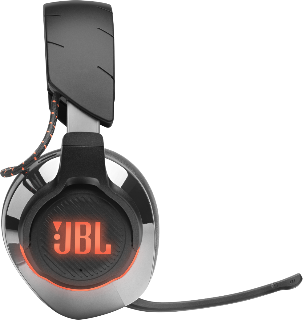 Szürke JBL fejhallgató narancssárga világítással és mikrofonnal.