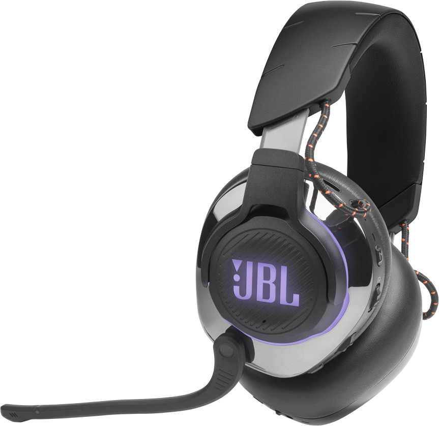 Fekete JBL gamer fejhallgató mikrofonnal és lila világítással.