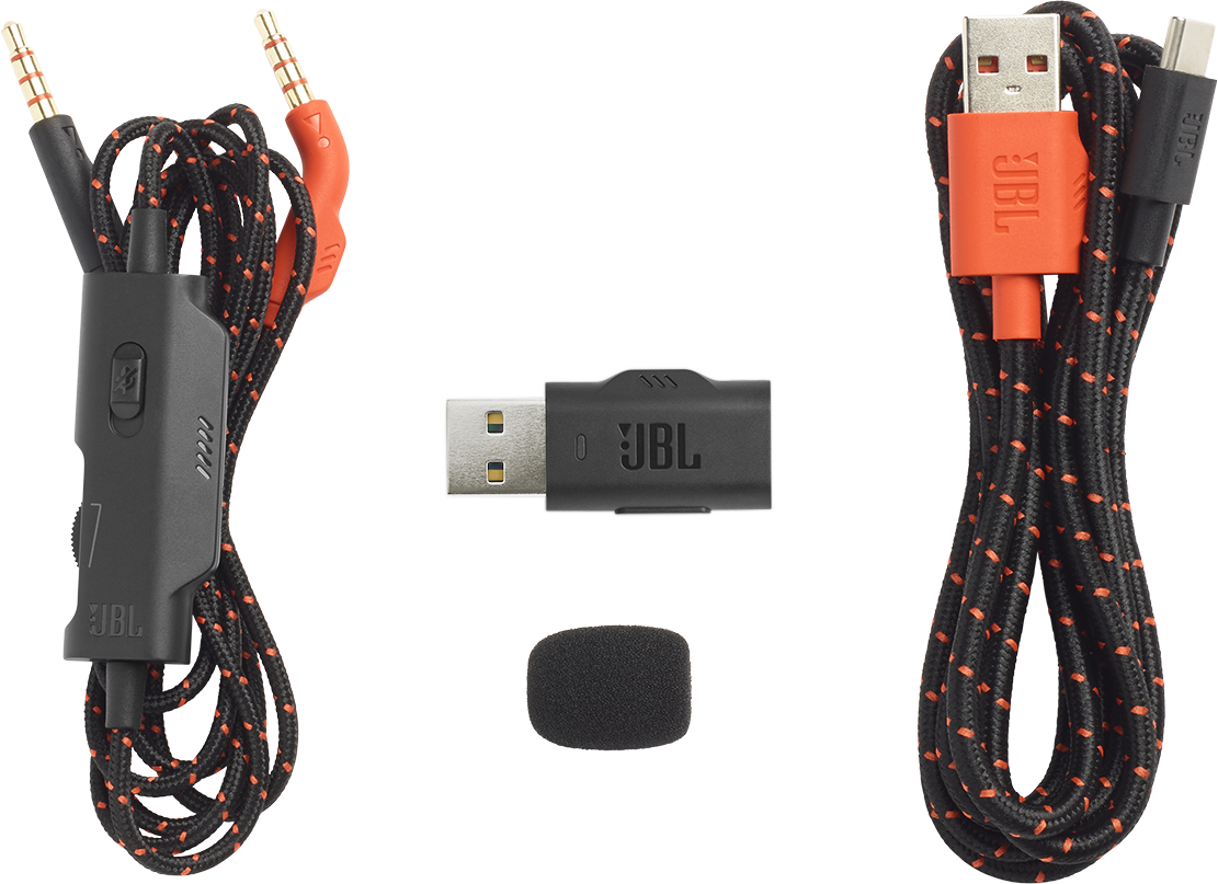 JBL audio tartozékok: narancssárga csíkos kábelek, USB adapter és mikrofon.