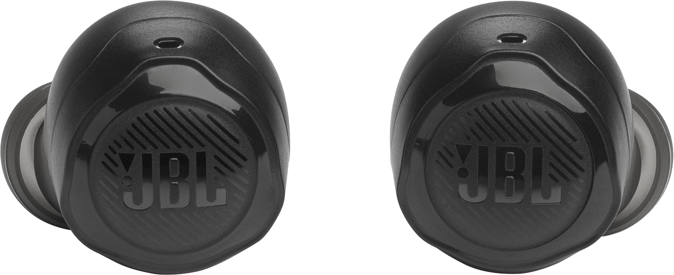Két fekete JBL True Wireless fülhallgató egymás mellett fekete háttéren.