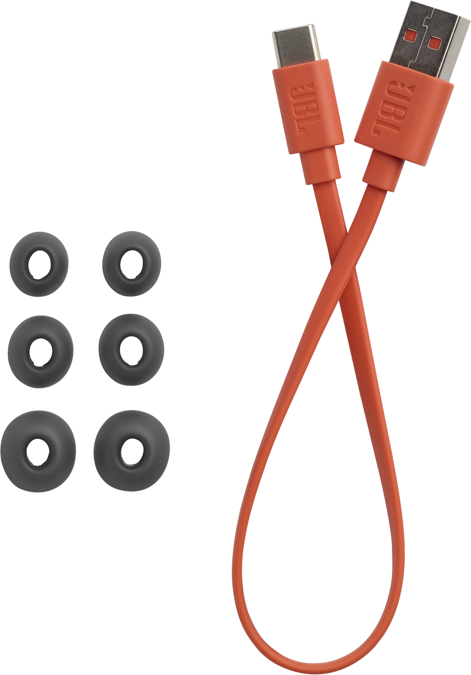 Narancssárga JBL töltőkábel USB-C és USB-A csatlakozóval, hat szürke fülhallgatóvéggel.
