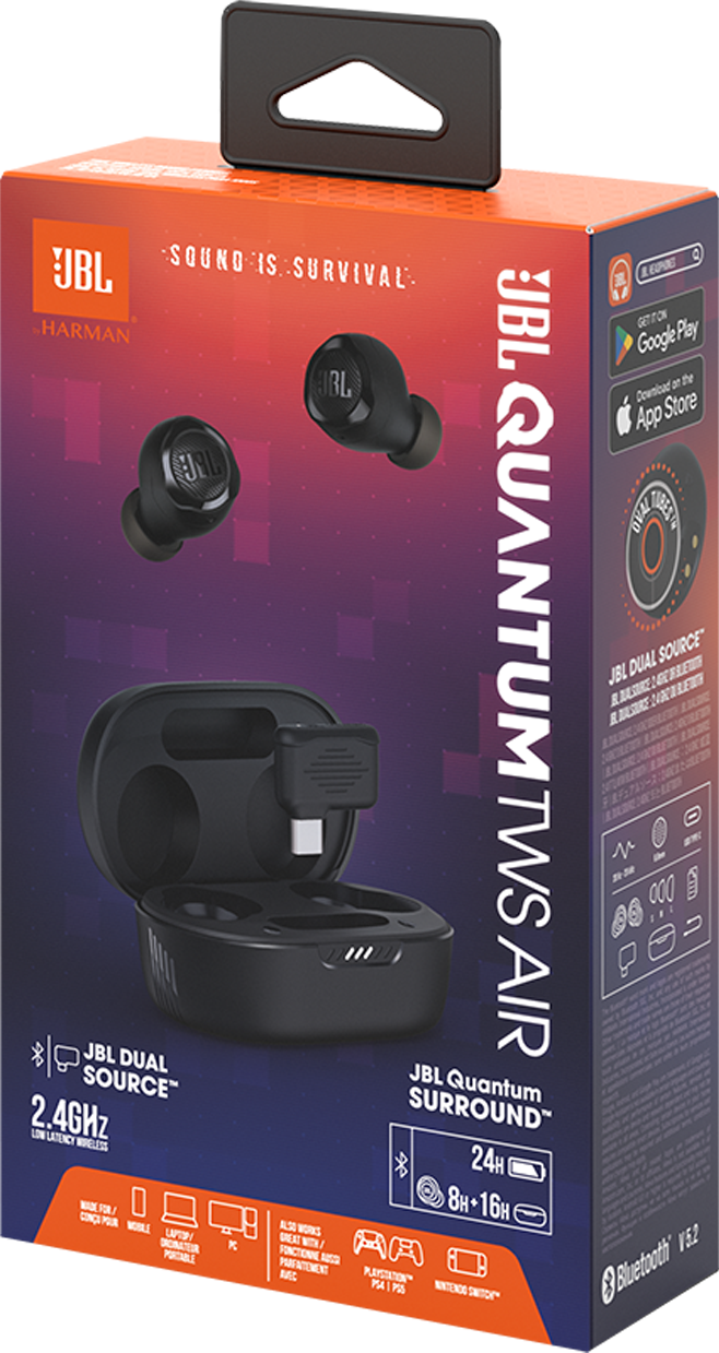 JBL Quantum TWS Air fejhallgató csomagolása, fülhallgatókkal és töltőtokkal.