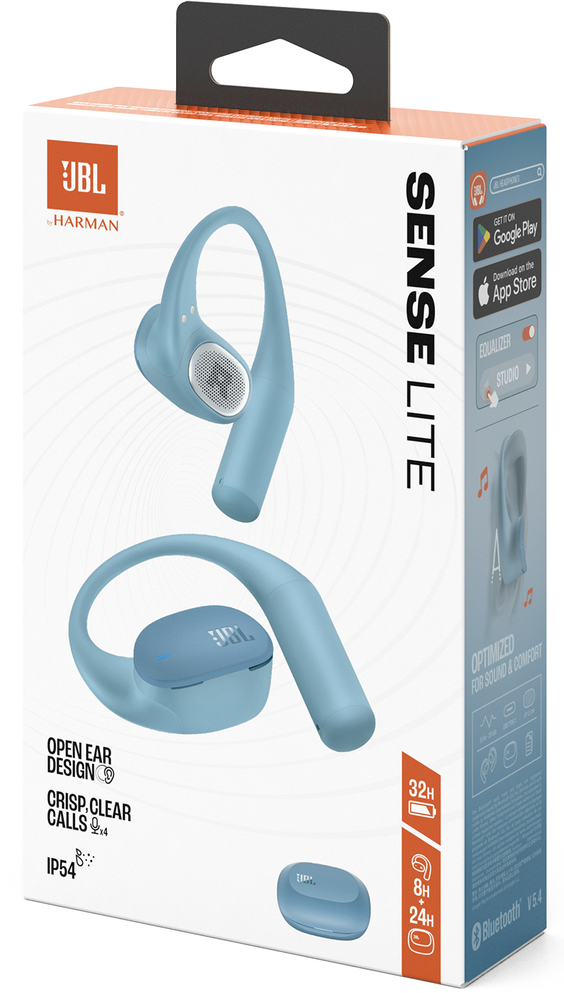 Kék JBL Sense Lite fülhallgatók és töltőtok a dobozon. Nyitott kialakítás, 32 óra akku.
