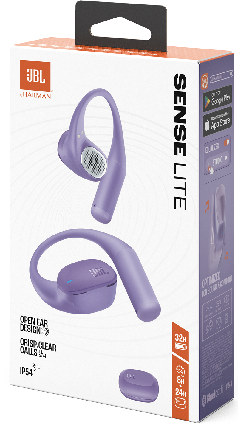 Lila JBL Sense Lite fülhallgatók fehér dobozon, termékjellemzőkkel.