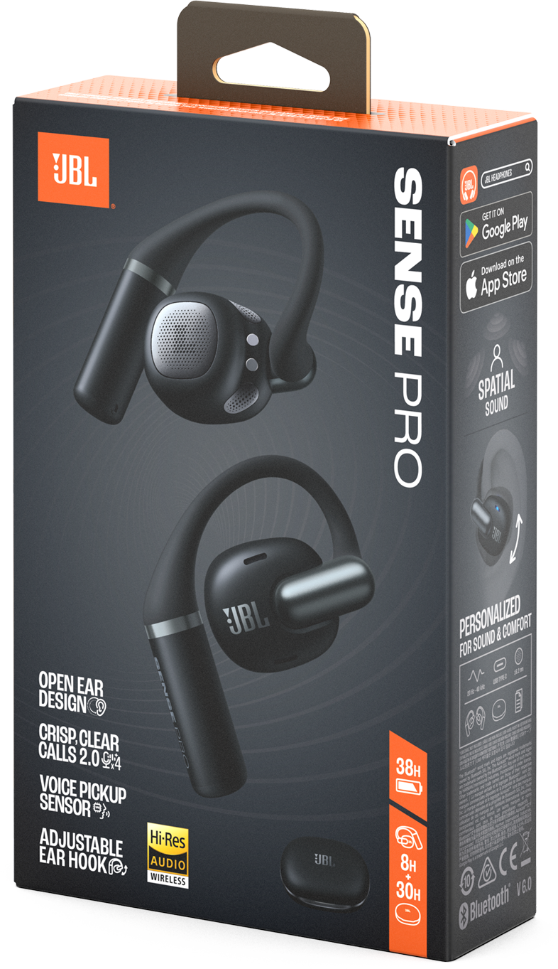JBL Sense Pro fejhallgató csomagolás fekete fülhallgatókkal és töltőtokkal.
