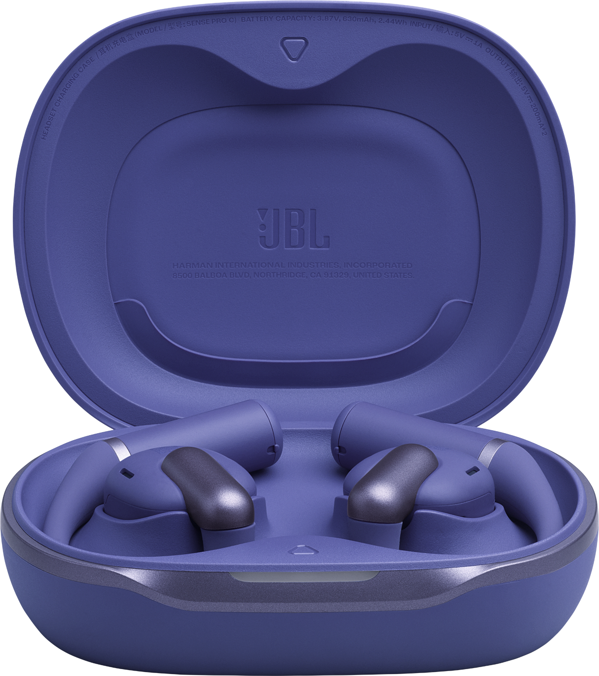 Lila JBL fülhallgatók nyitott töltőtokban, JBL logóval.