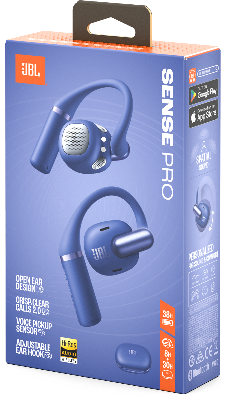 Kék JBL Sense Pro fejhallgató csomagolás, fülhallgatók közelről.