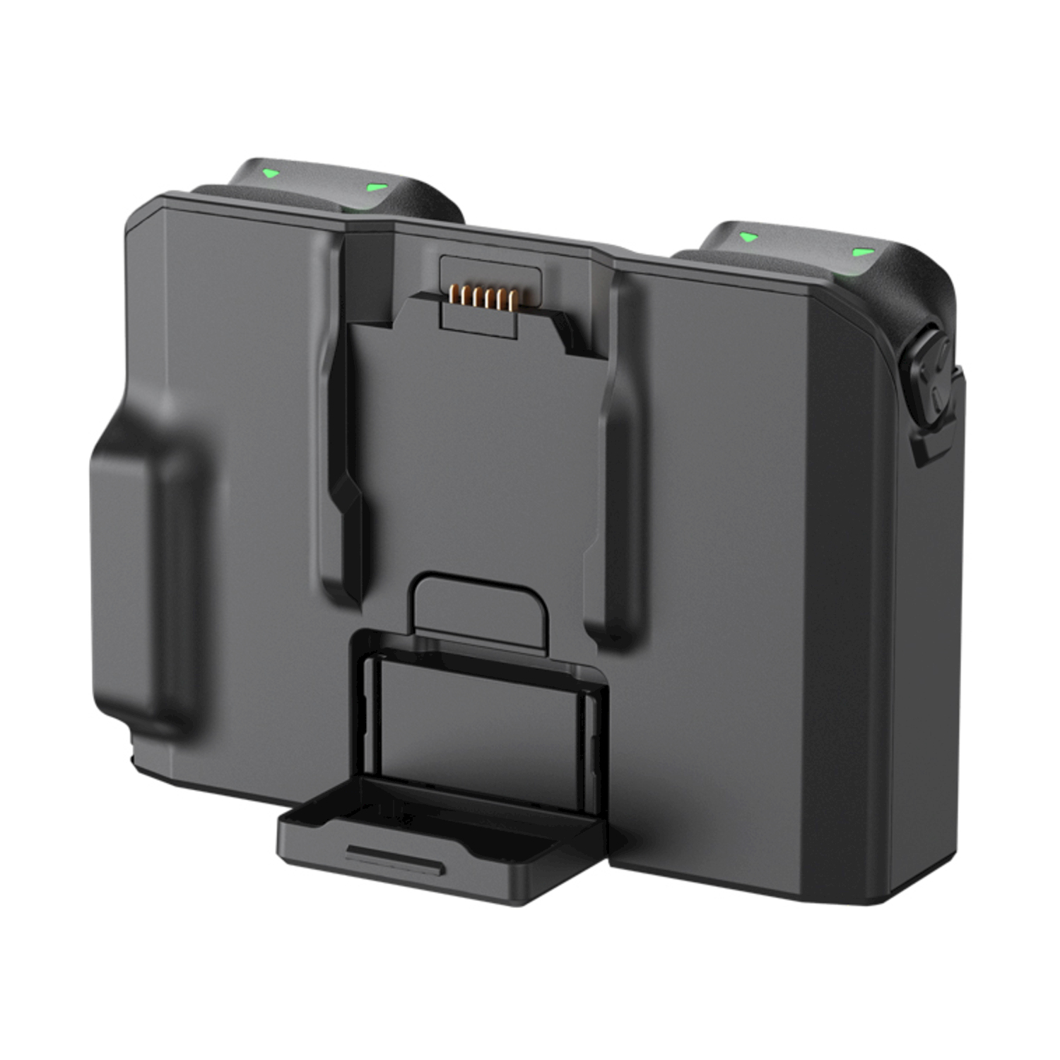Pacco batteria nero con due LED verdi e vano apribile.