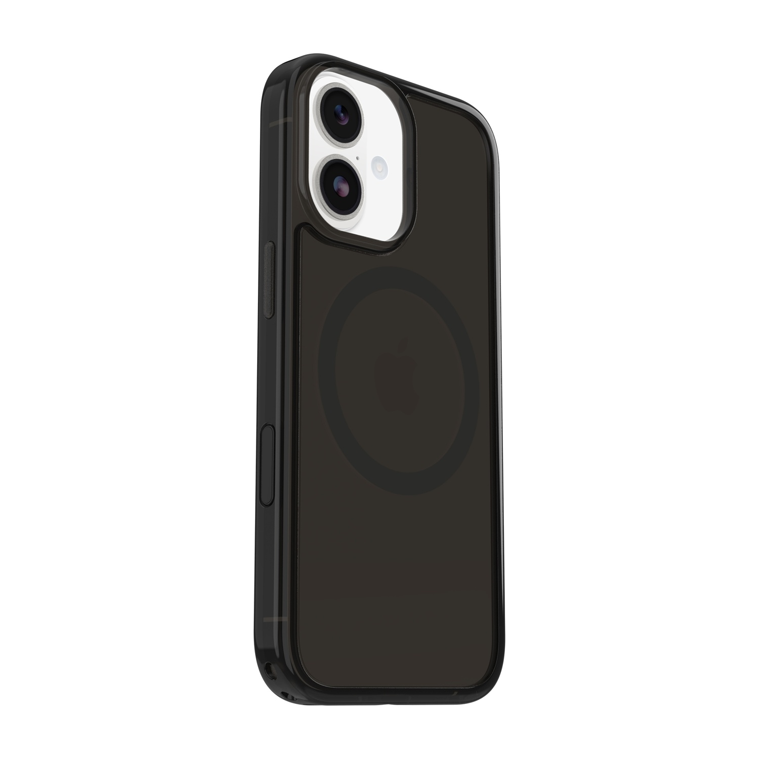 Cover nera per telefono con due obiettivi della fotocamera su sfondo bianco.