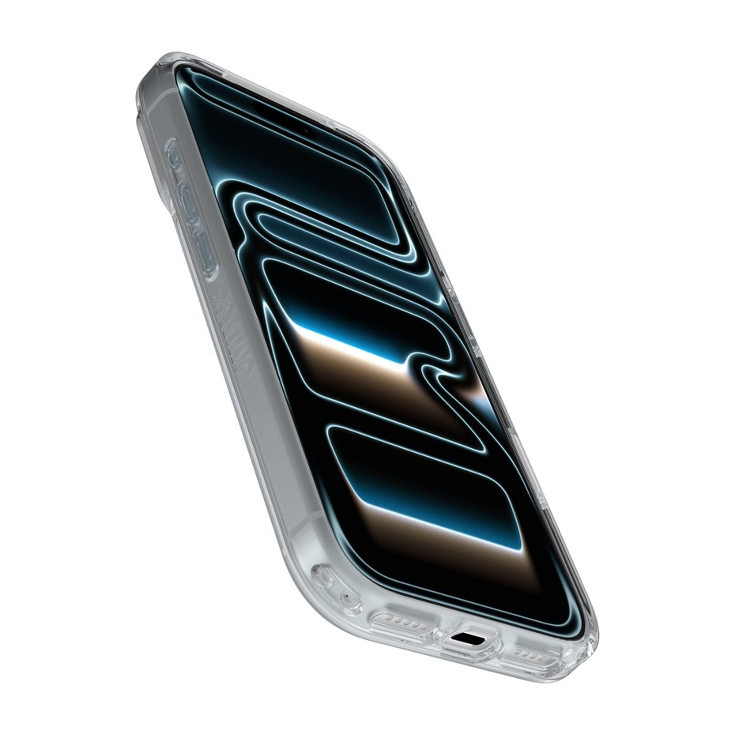 Una custodia trasparente per telefono con schermo scuro che mostra linee blu.