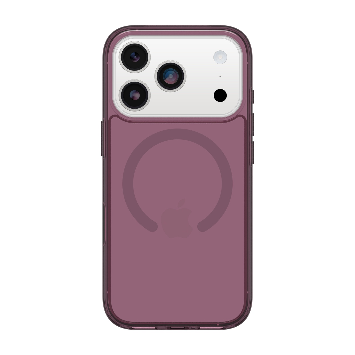 Custodia viola per iPhone con tre fotocamere e logo Apple.