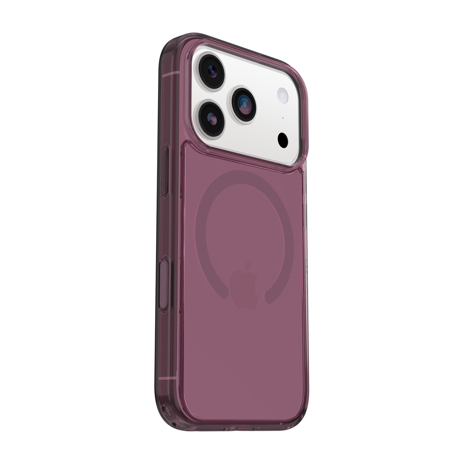 Custodia viola per iPhone con fotocamere e logo Apple, su sfondo bianco.