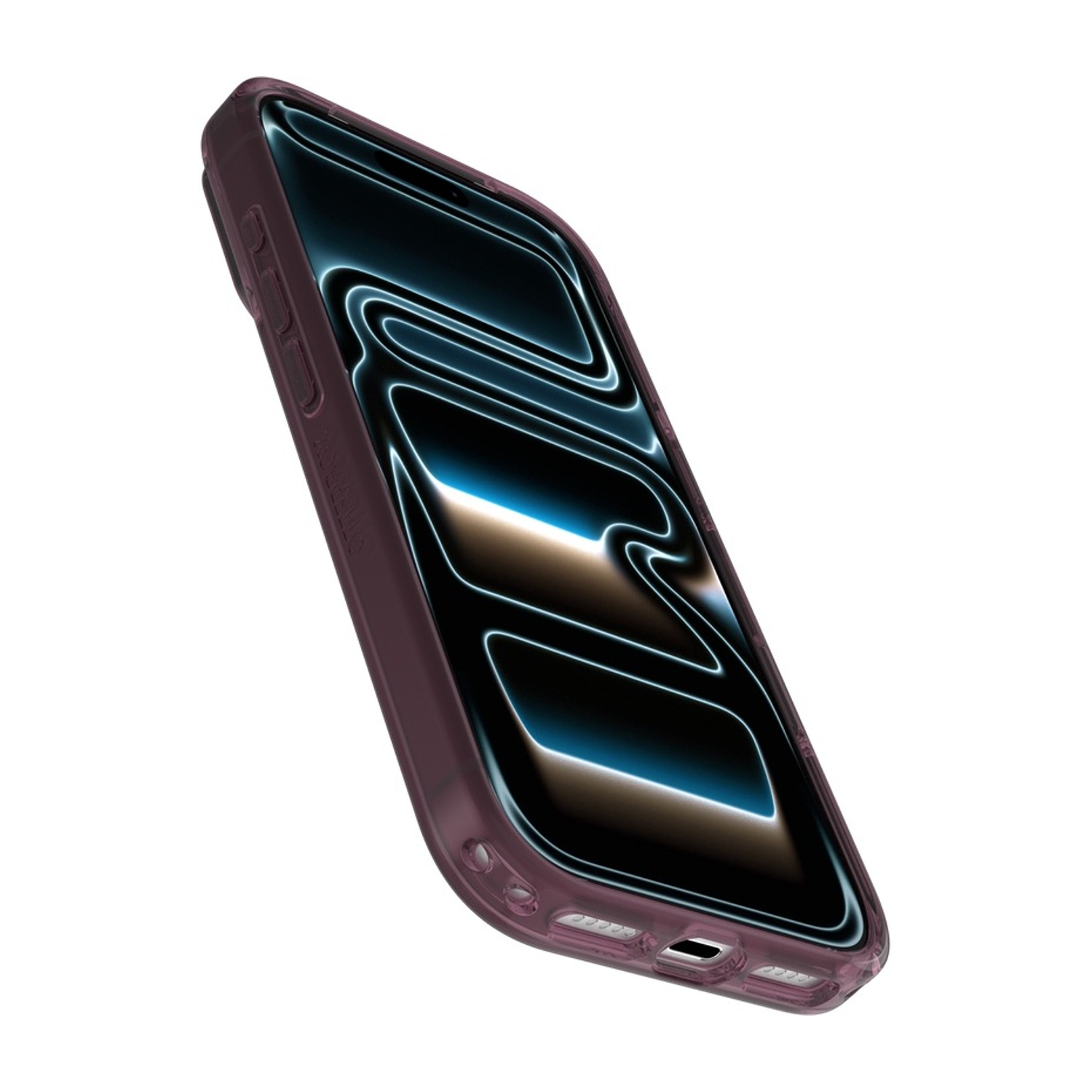 Un telefono rosso scuro con uno sfondo moderno, mostrato dall'alto a sinistra.