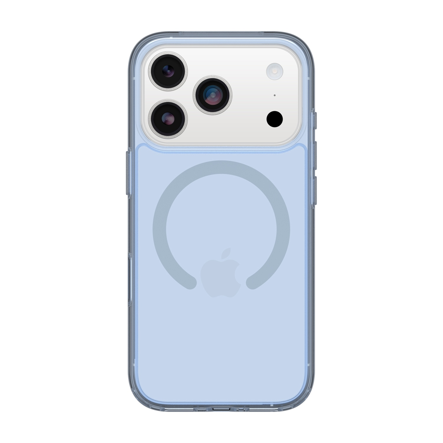 Una custodia blu chiaro per iPhone con tre fotocamere e logo Apple.