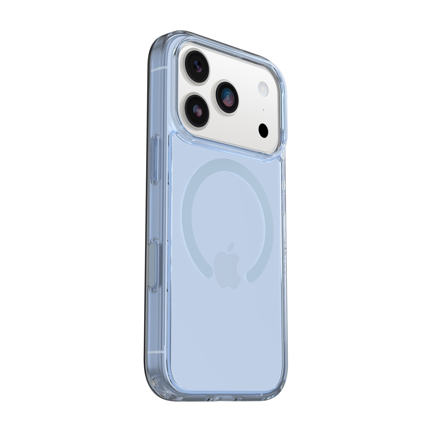 Una custodia trasparente azzurra per iPhone con tre fotocamere e logo Apple.