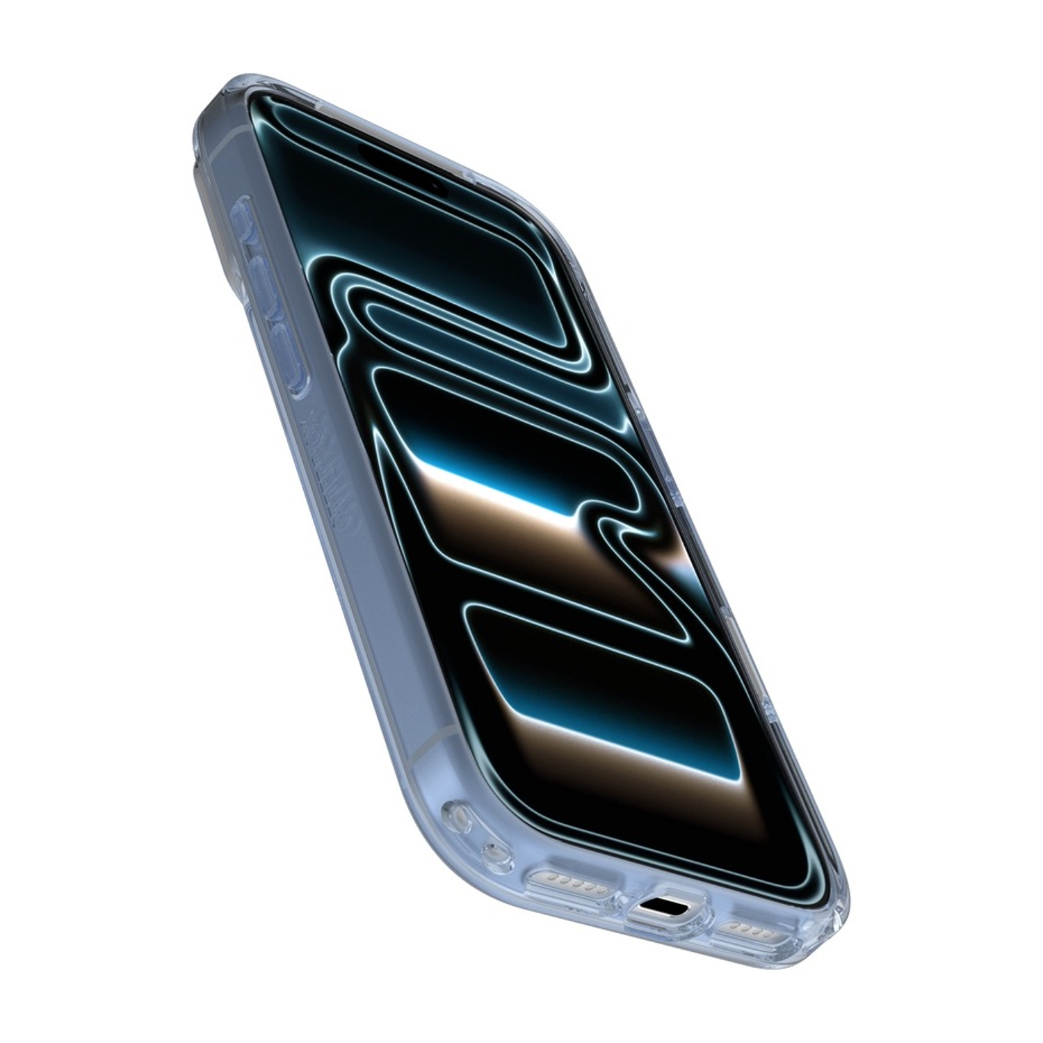 Una custodia trasparente per smartphone con accenti blu, isolata su bianco.