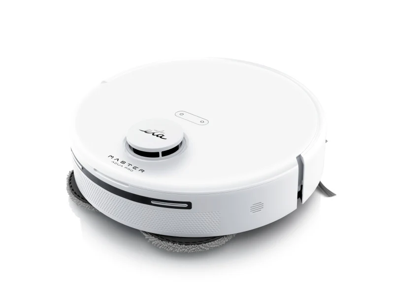 Egy fehér robotporszívó forgó kefékkel és ETA logóval.