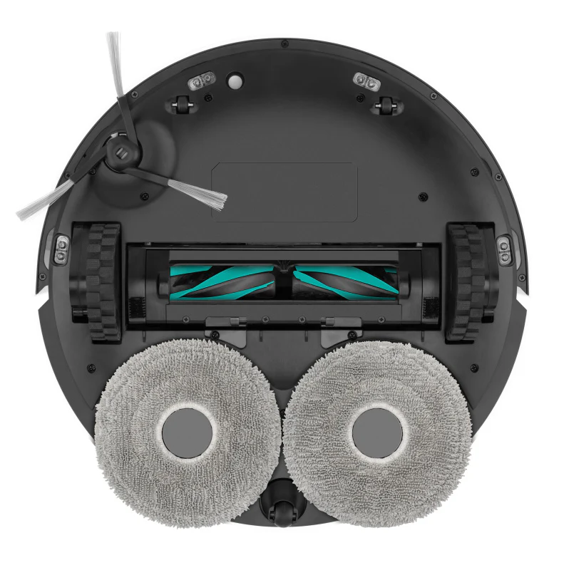Fekete robotporszívó alja két forgó felmosóval és kefékkel.