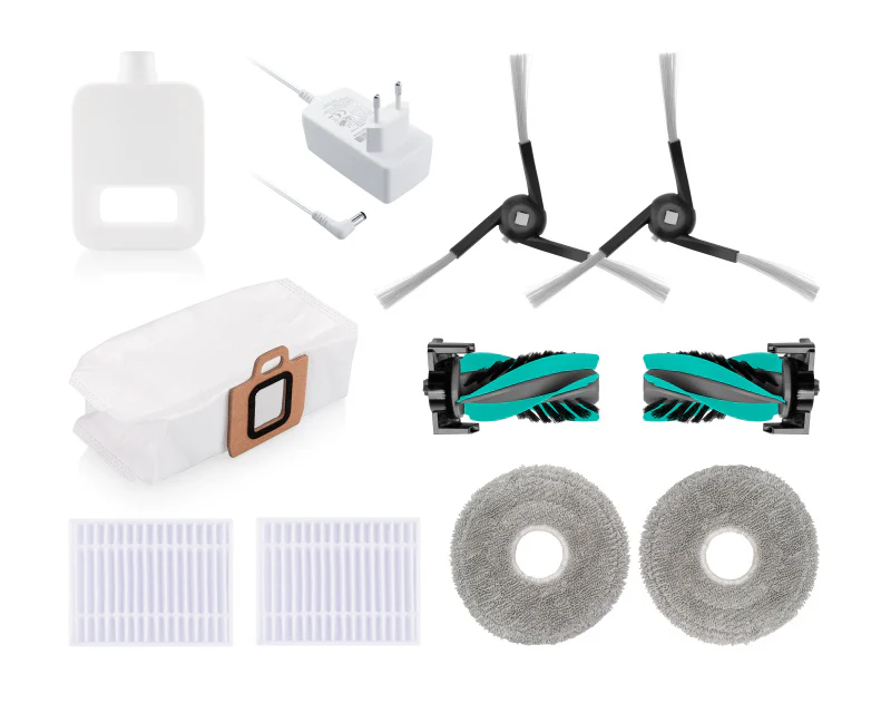 Robotporszívó tartozékok: porzsák, töltő, kefék és szűrők.