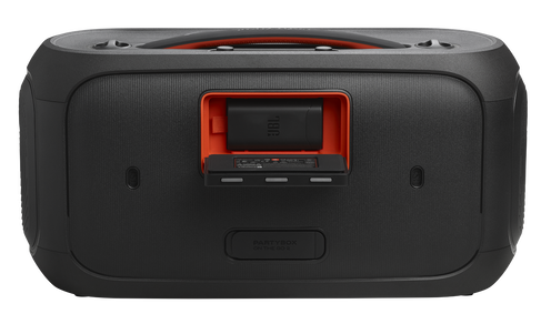 Czarny głośnik JBL Partybox z pomarańczowymi akcentami i otwartym schowkiem.