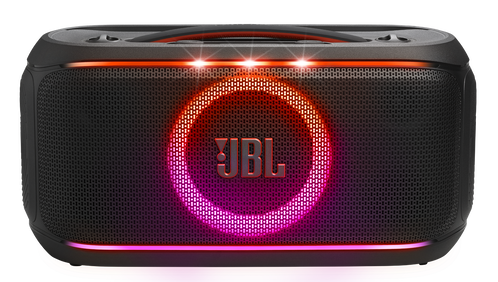Czarny głośnik JBL z czerwono-fioletowym pierścieniem świetlnym i podświetlanym logo.