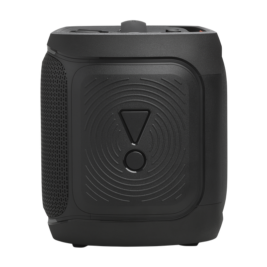Czarny głośnik przenośny z logo JBL i teksturowaną kratką z boku.