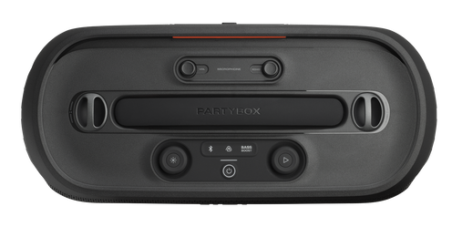 Czarny głośnik imprezowy z kontrolkami i pomarańczowym akcentem u góry.