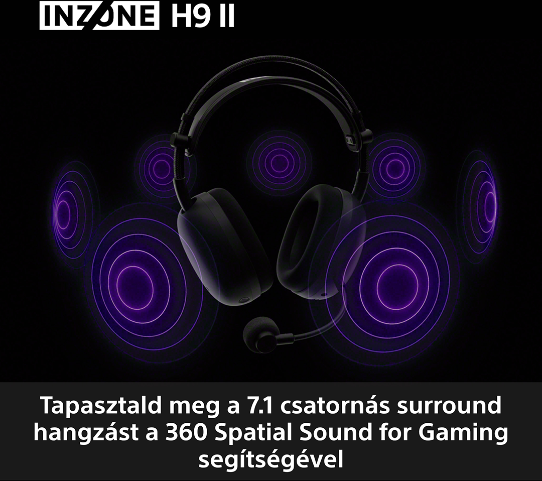 Fekete fejhallgató mikrofonnal és lila hanghullámokkal fekete háttéren.