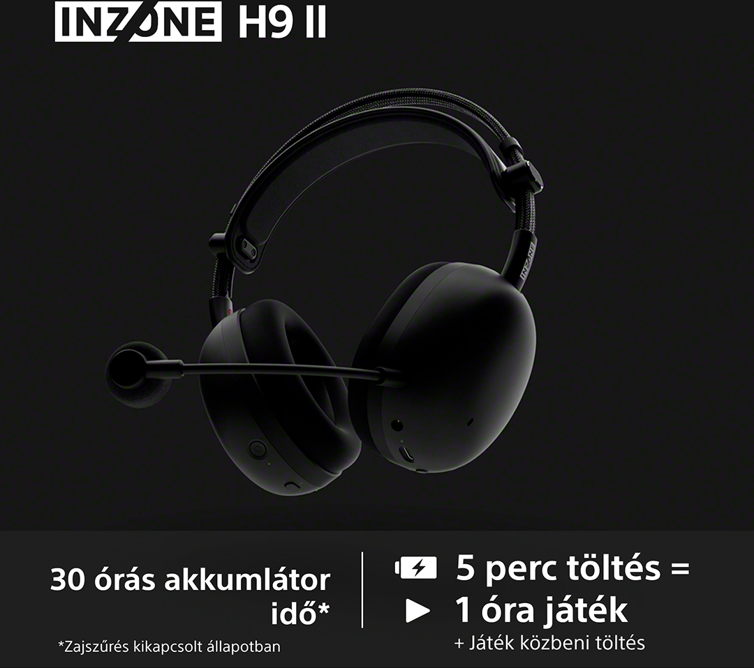 Fekete INZONE H9 II fejhallgató mikrofonnal sötét háttéren.