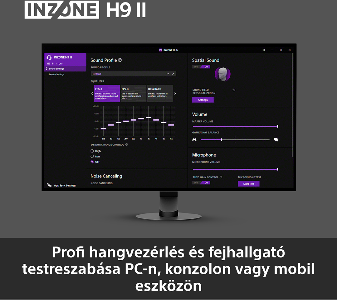 Számítógép monitor jeleníti meg az INZONE Hub szoftvert hangbeállításokkal.
