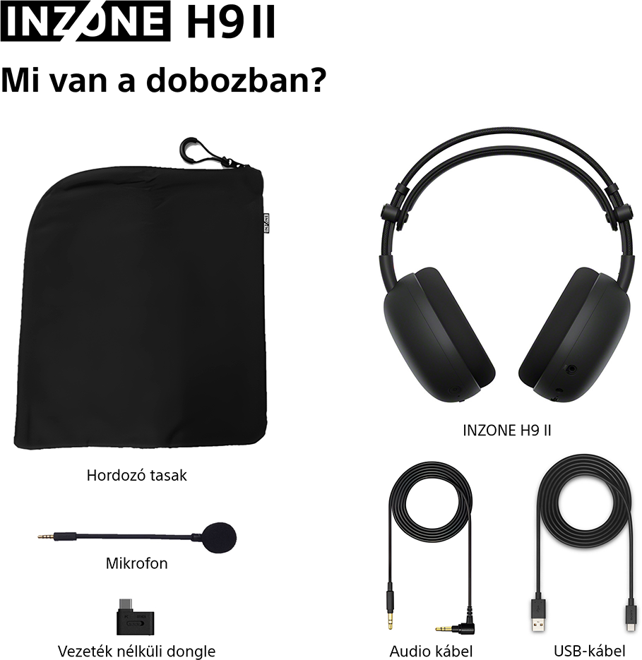 Fekete INZONE H9 II fejhallgató tartozékokkal: táska, mikrofon, dongle, audio és USB kábelek.