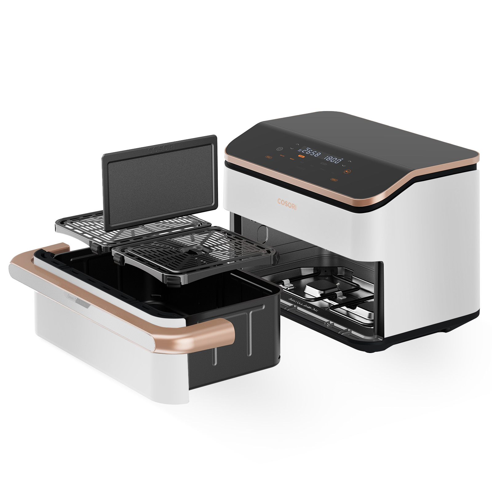 Ein weißer Airfryer mit schwarzer Oberseite, geöffnet mit Grillplatte und Körben.