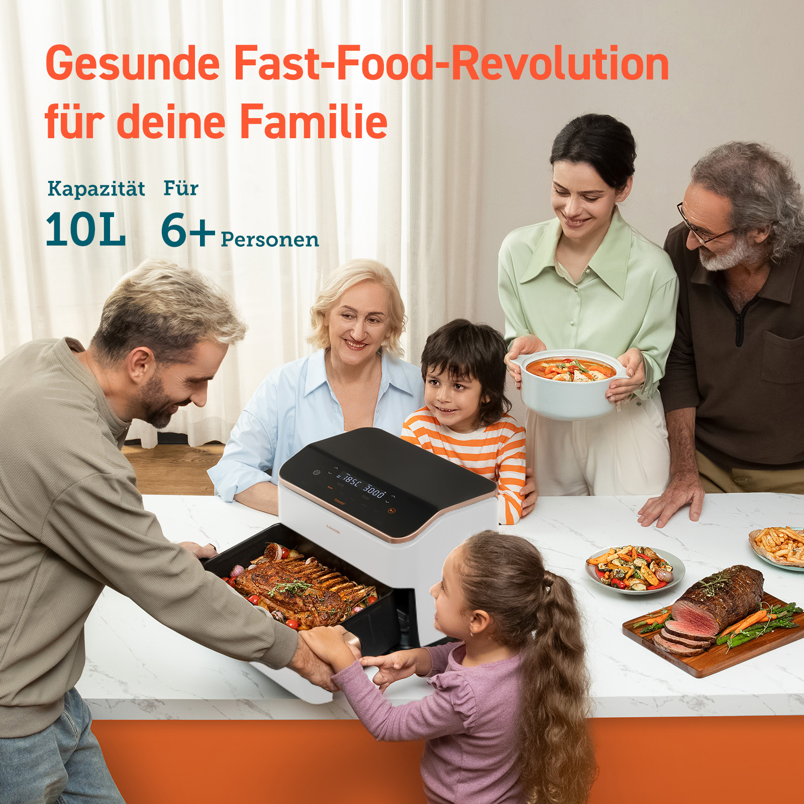 Eine Familie genießt eine Mahlzeit mit einem Braten und Gemüse, zubereitet in einem Airfryer.