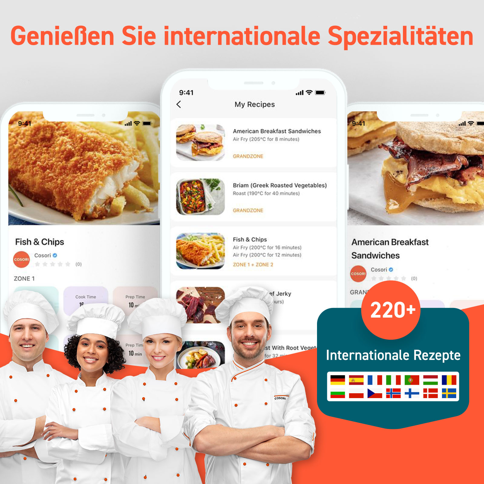 Drei Smartphones zeigen Kochrezepte wie Fish & Chips und Sandwiches.