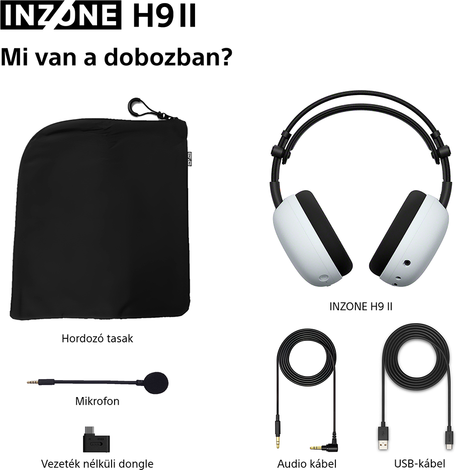 Inzone H9 II fejhallgató, hordozótáska, mikrofon, dongle, audio és USB kábel.