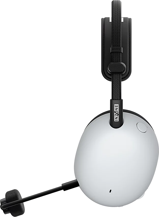 Egy fehér és fekete Sony Inzone H5 gamer headset mikrofonnal, döntve, hogy az fülkagyló és a fejpánt látható legyen.