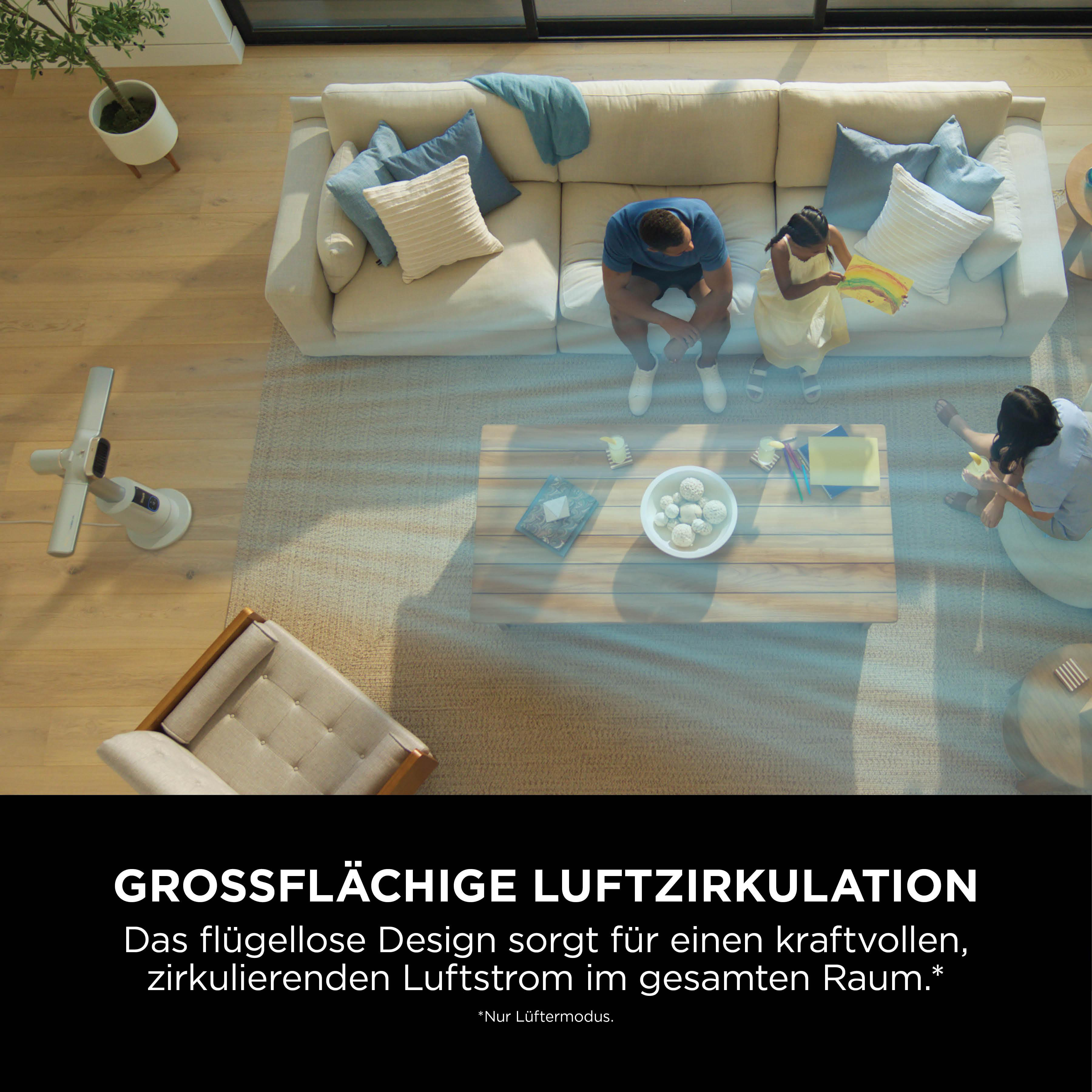 Familie im Wohnzimmer mit einem flügellosen Ventilator. Große Luftzirkulation.