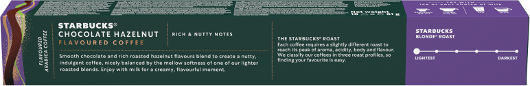 Starbucks Schoko-Haselnuss Kaffee mit Beschreibung und Röstgradskala.