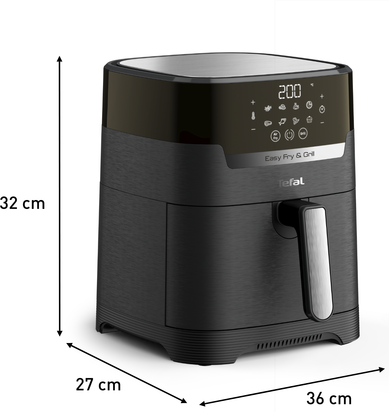 Schwarzer Tefal Heißluftfritteuse mit digitalen Bedienelementen, HxBxT 32x27x36cm.