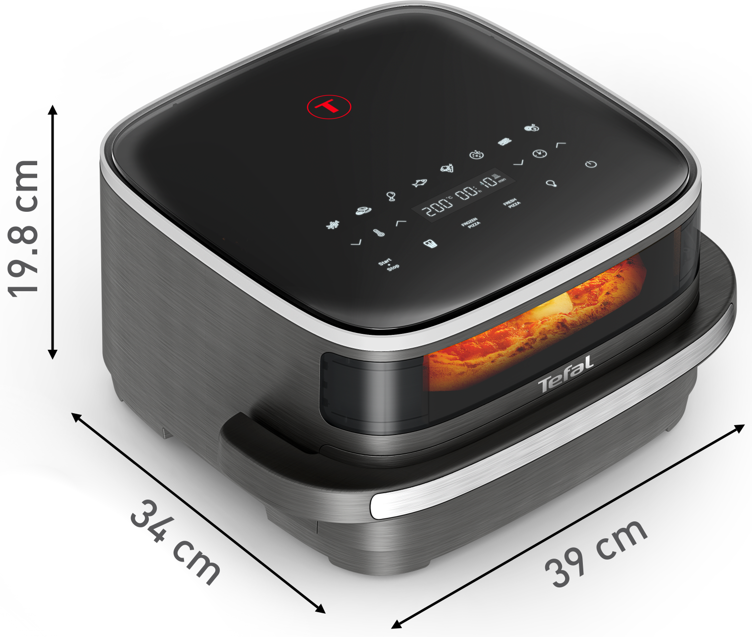 Tefal Heißluftfritteuse, 39x34x19,8cm, digitales Display zeigt 200°C für 10 Min. Pizza drin.