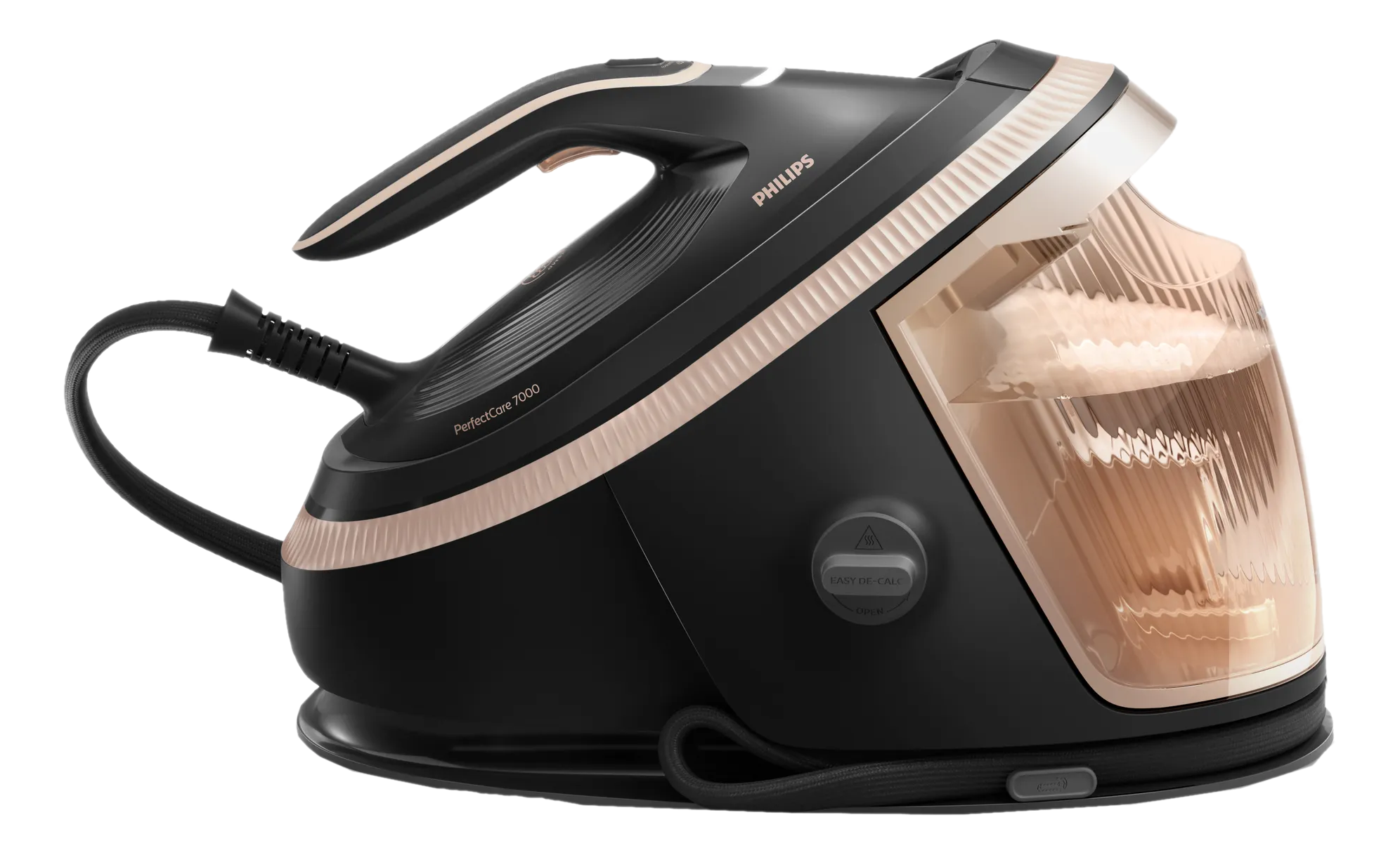 Ferro da stiro a vapore nero con accenti oro rosa e serbatoio acqua trasparente.