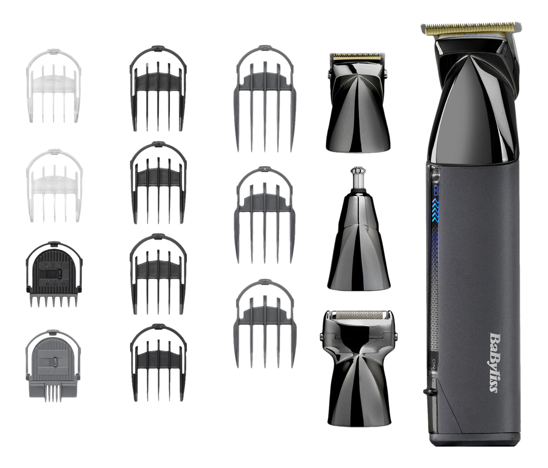 Ein Haarschneider-Set mit Aufsätzen und Zubehör auf schwarzem Hintergrund.
