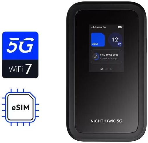 Appareil Nighthawk 5G noir avec logos WiFi 7, 5G et eSIM. L'écran affiche l'utilisation des données.