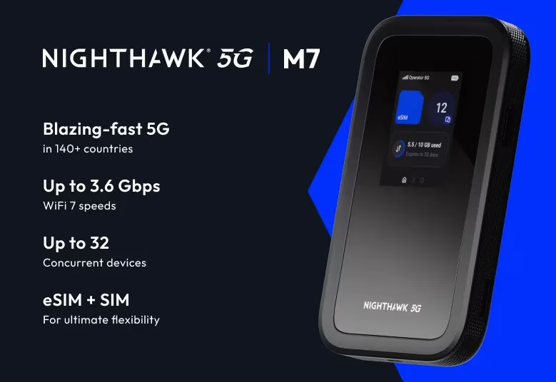 Routeur Nighthawk M7 5G avec 5G rapide, jusqu'à 3,6 Gpbs, WiFi 7, 32 appareils, eSIM+SIM.